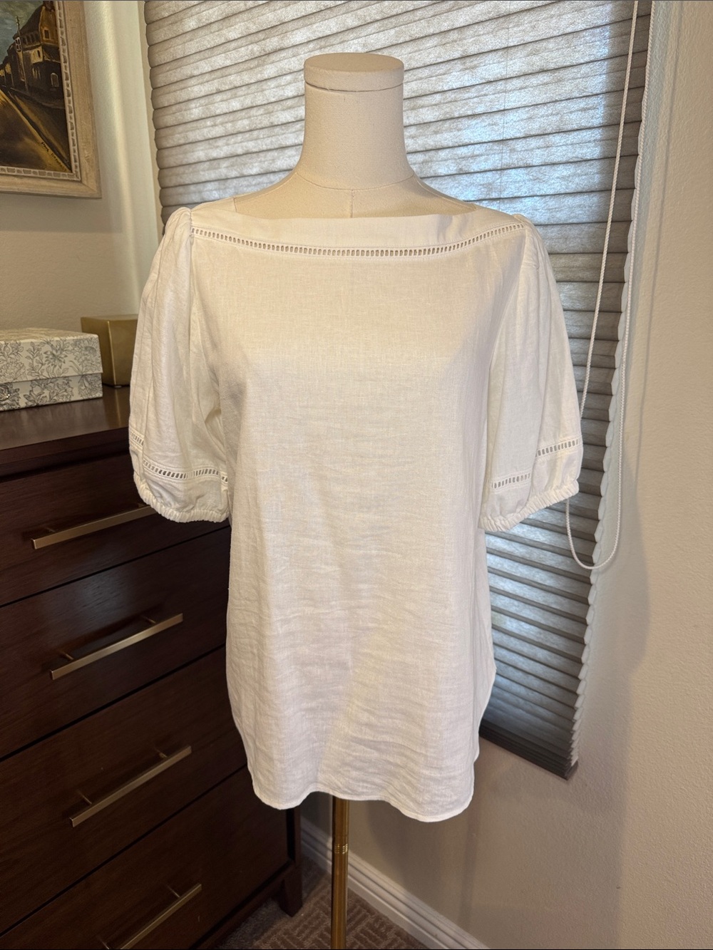 NWOT Ann Taylor Factory White Linen-Blend Peasant Blouse.